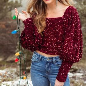 SOLD 
Burgundy Sequin Puff Sleeve Top 💥 Excellent Condition